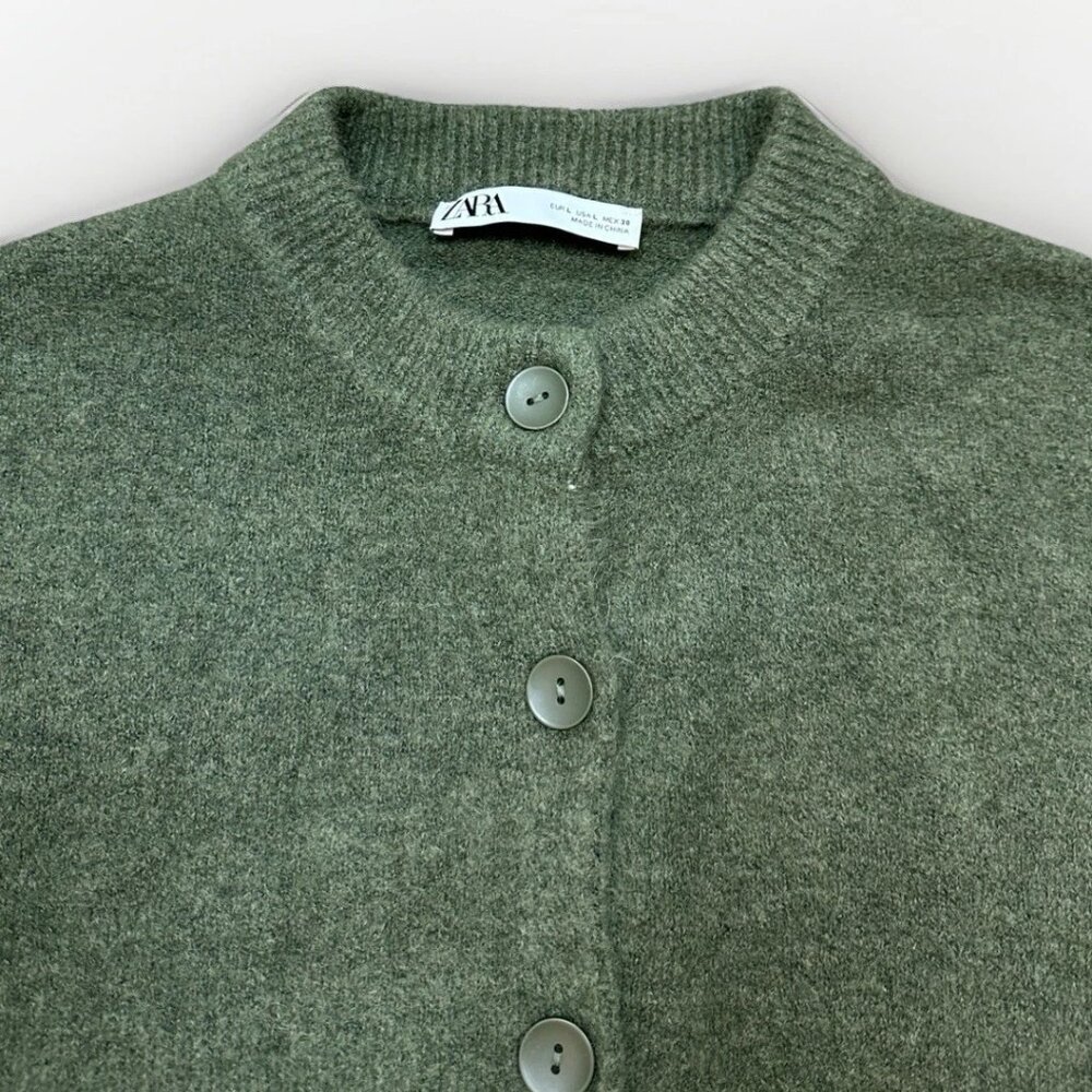 NWOT Zara Soft Knit Cardigan Army Green Button Front Sweater Large - Picture 5 of 11